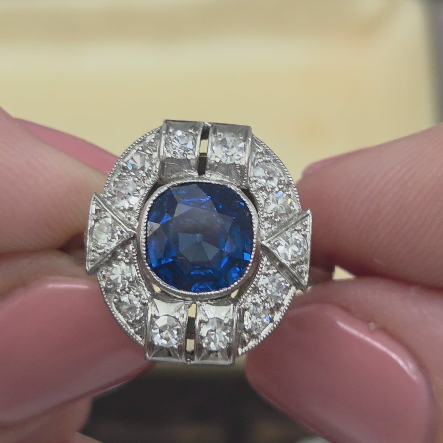 Art Deco French 1.87ct Sapphire and Diamond Cluster Plaque Ring in Platinum