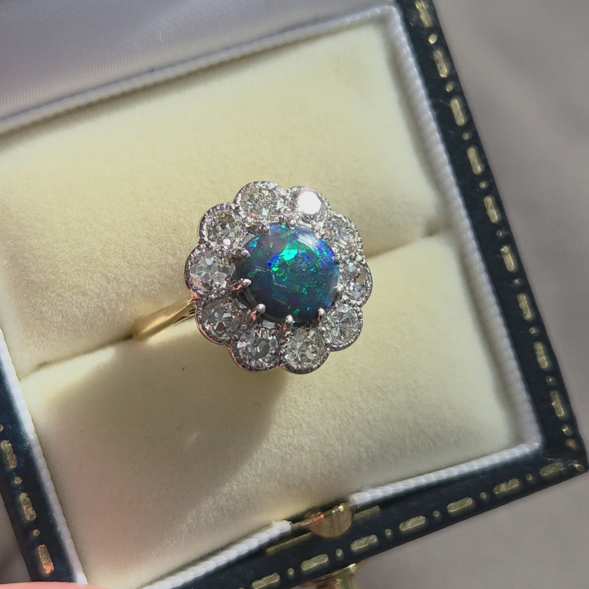 Victorian Antique Black Opal and Old Cut Diamond Cluster Engagement Ring