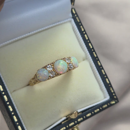 Edwardian Antique Opal Three Stone Carved Hoop Ring with Diamonds