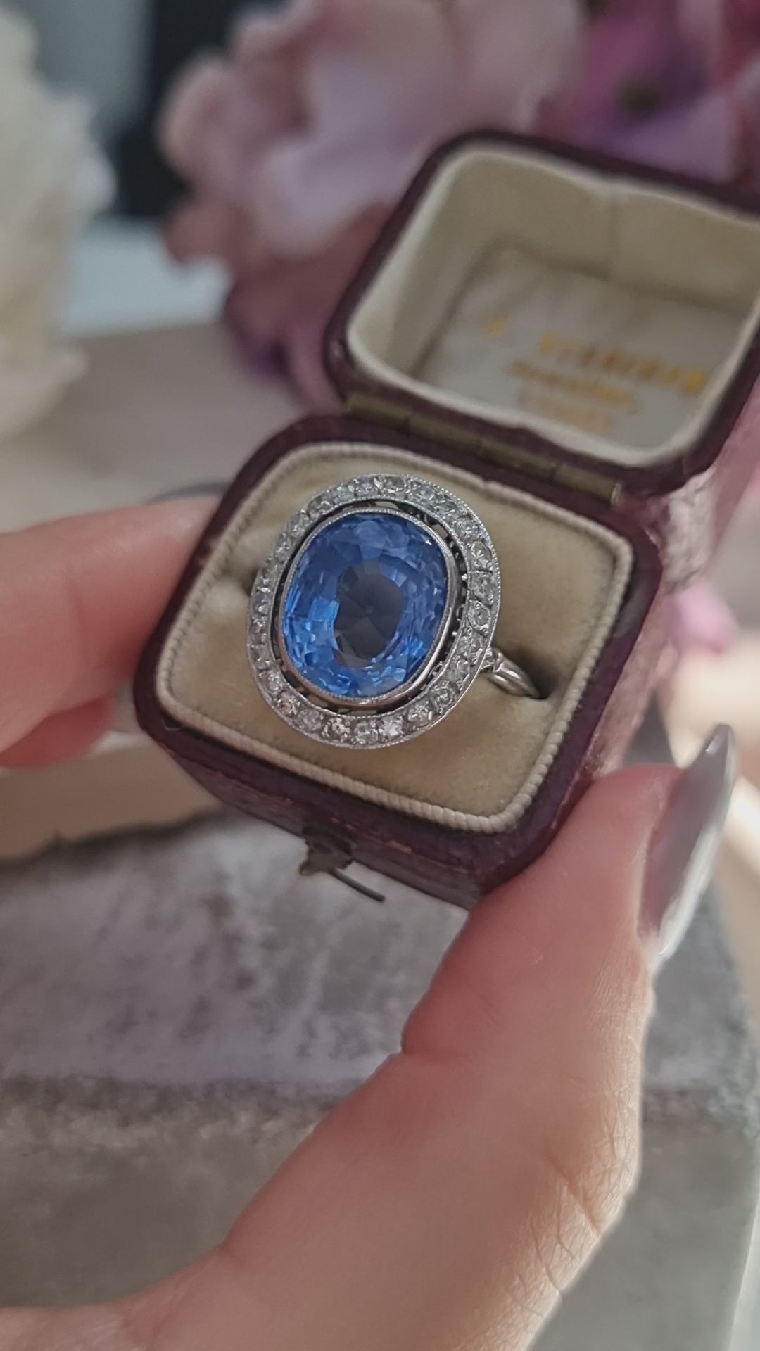 Vintage Art Deco 6ct Ceylon Sapphire and Diamond Cluster Ring
