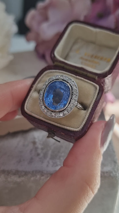 Vintage Art Deco 6ct Ceylon Sapphire and Diamond Cluster Ring