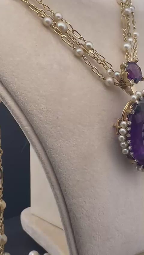Victorian Antique Amethyst and Natural Pearl Pendant Necklace