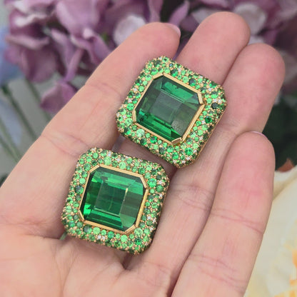 Pre-Owned Fochtmann Green Tourmaline Tsavorite Garnet and Diamond Square Cluster Clip Earrings
