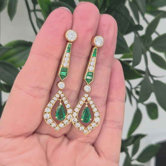 Vintage Pear Cut Emerald and 2cts Diamond Cluster Drop Earrings, Detachable Studs