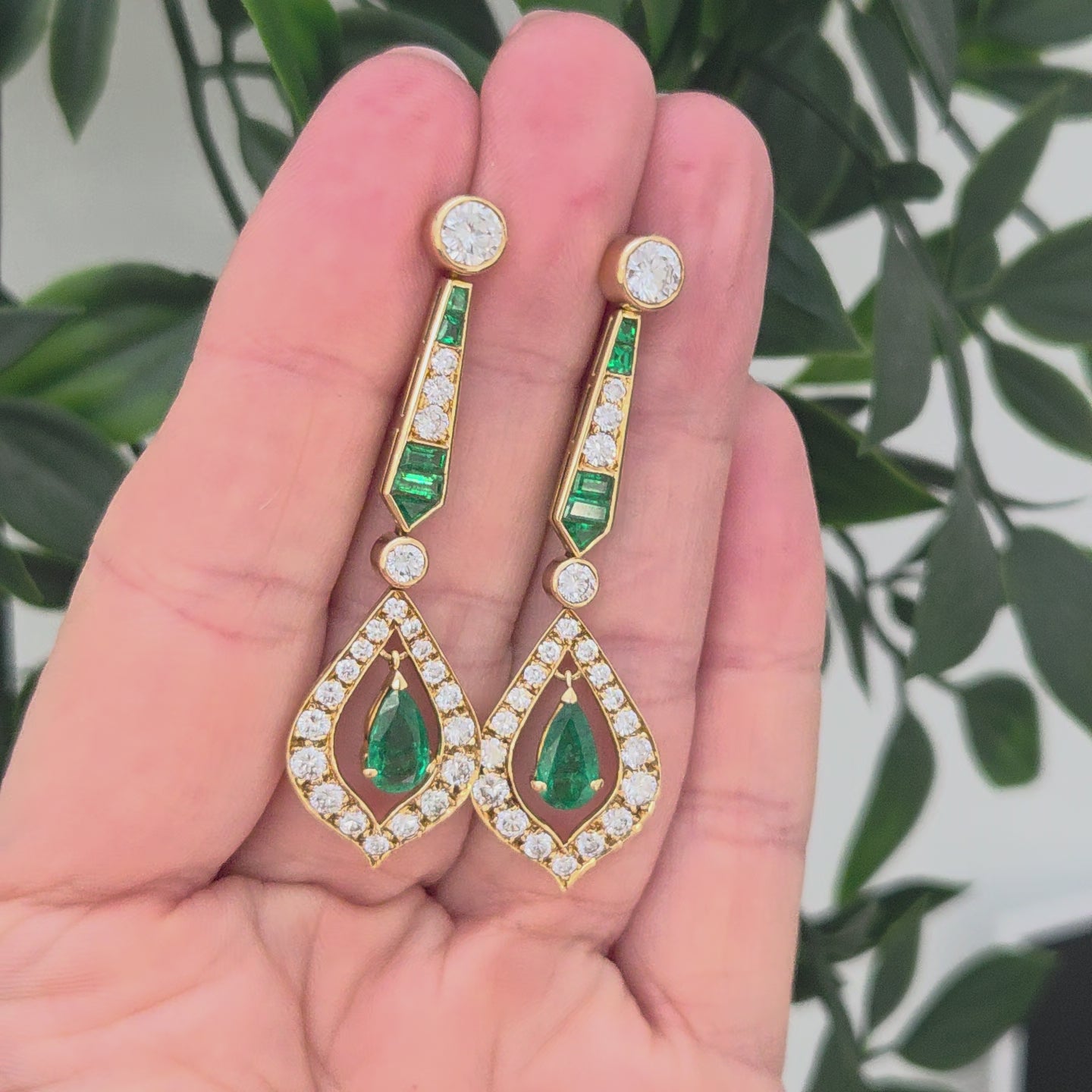 Vintage Pear Cut Emerald and 2cts Diamond Cluster Drop Earrings, Detachable Studs