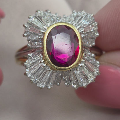 Oval Ruby and Tapered Baguette Diamond Ballerina Cluster Ring