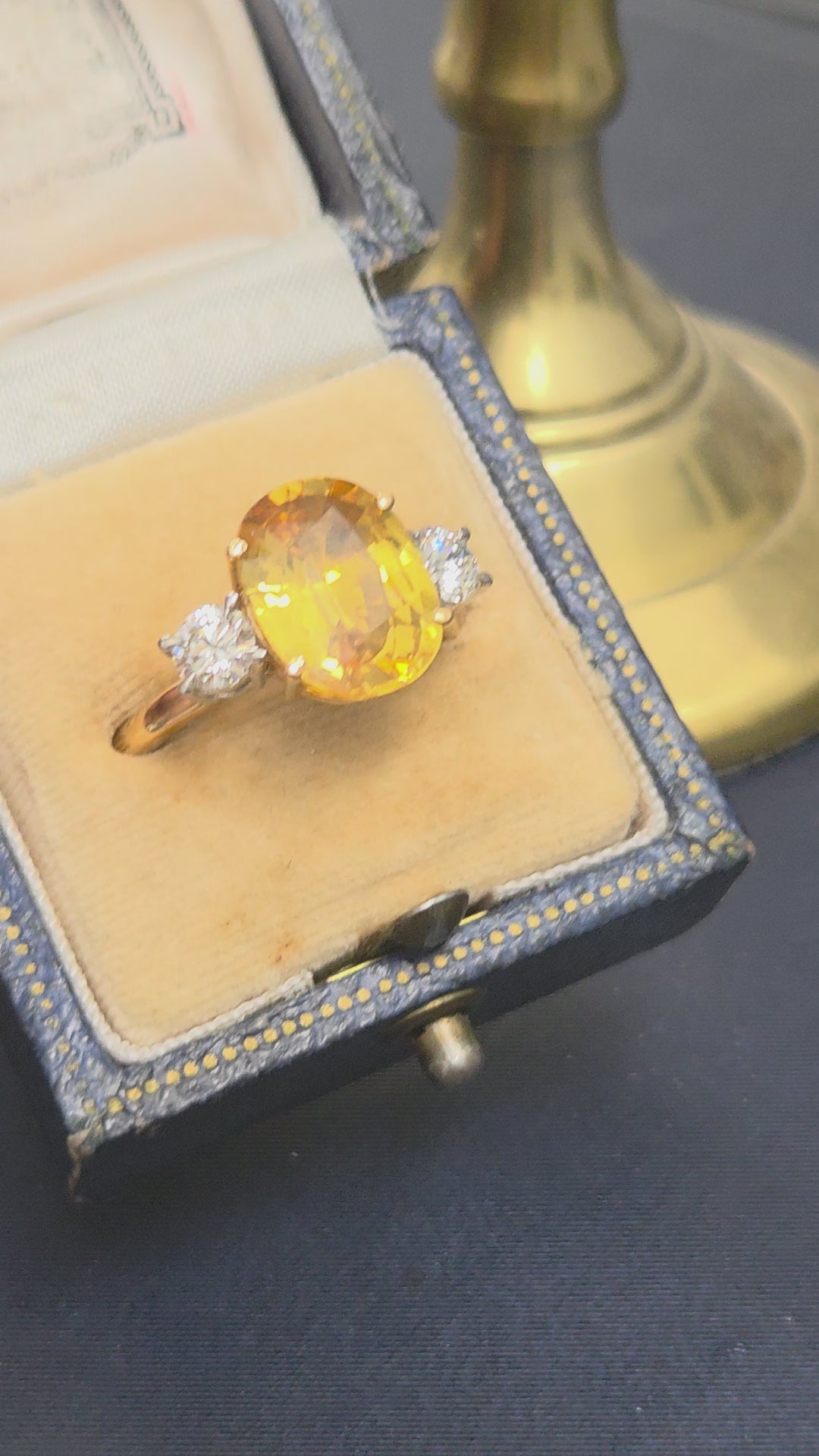 Oval Yellow Sapphire and Diamond Three Stone Engagement Ring