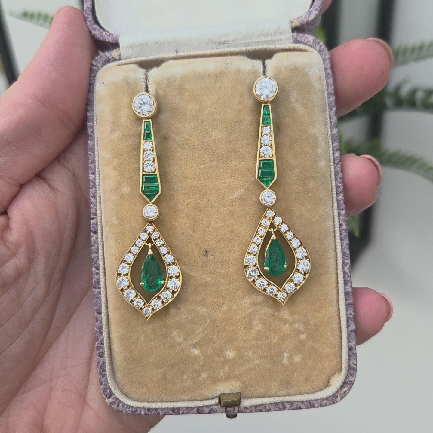 Vintage Pear Cut Emerald and 2cts Diamond Cluster Drop Earrings, Detachable Studs