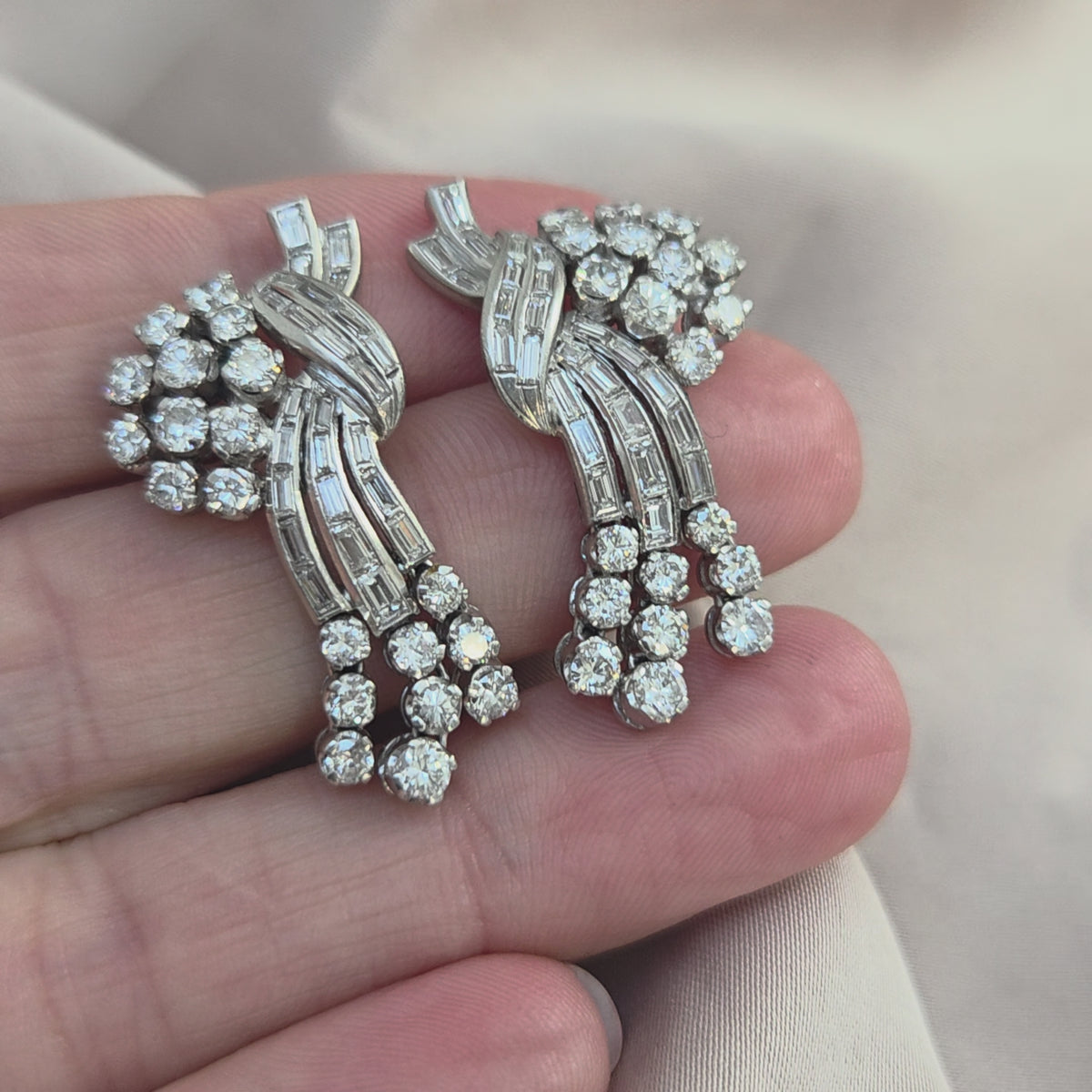 Vintage Cascade Diamond Platinum Earrings Circa 1950's