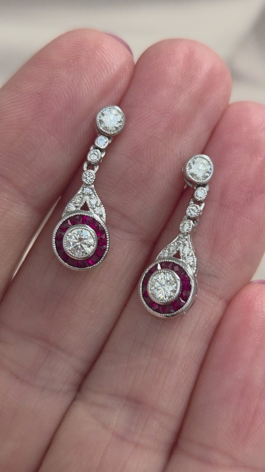 Ruby and Diamond Target Cluster Drop Earrings