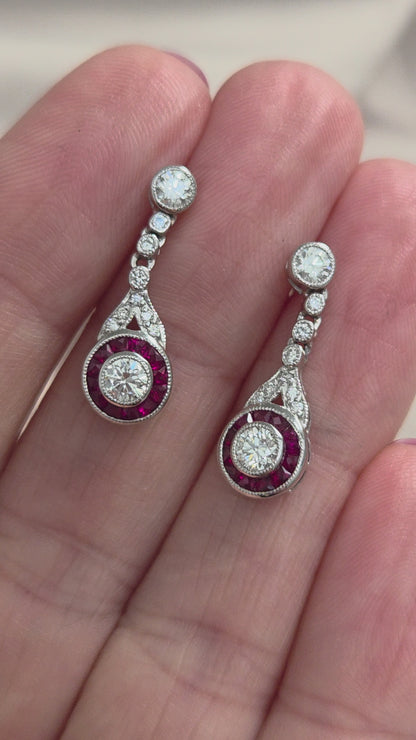 Ruby and Diamond Target Cluster Drop Earrings