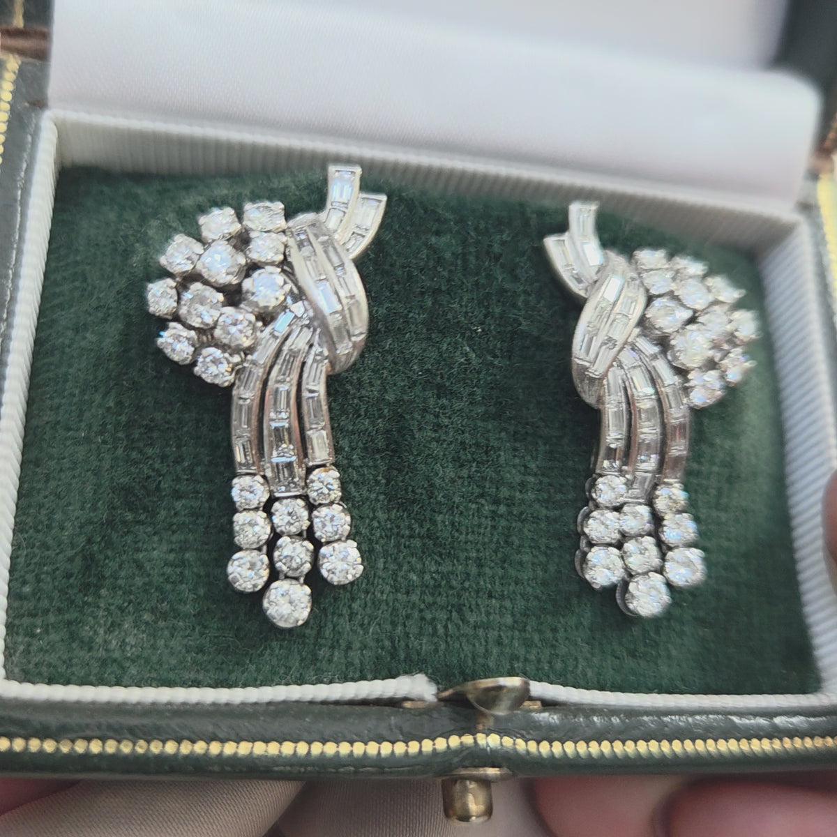 Vintage Cascade Diamond Platinum Earrings Circa 1950's