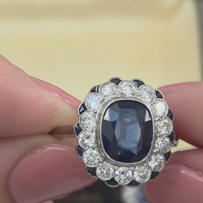 Vintage 2ct Sapphire and Diamond Cluster Ring, Circa 1940s