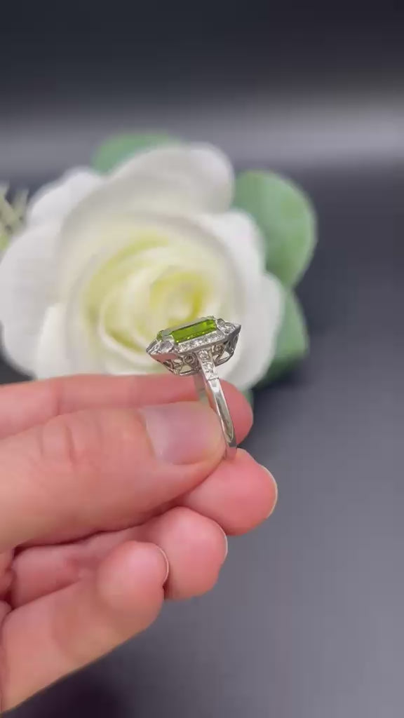 Antique 18 ct White Gold And Platinum, 1920's Peridot And Diamond Rectangular Halo Cluster Ring