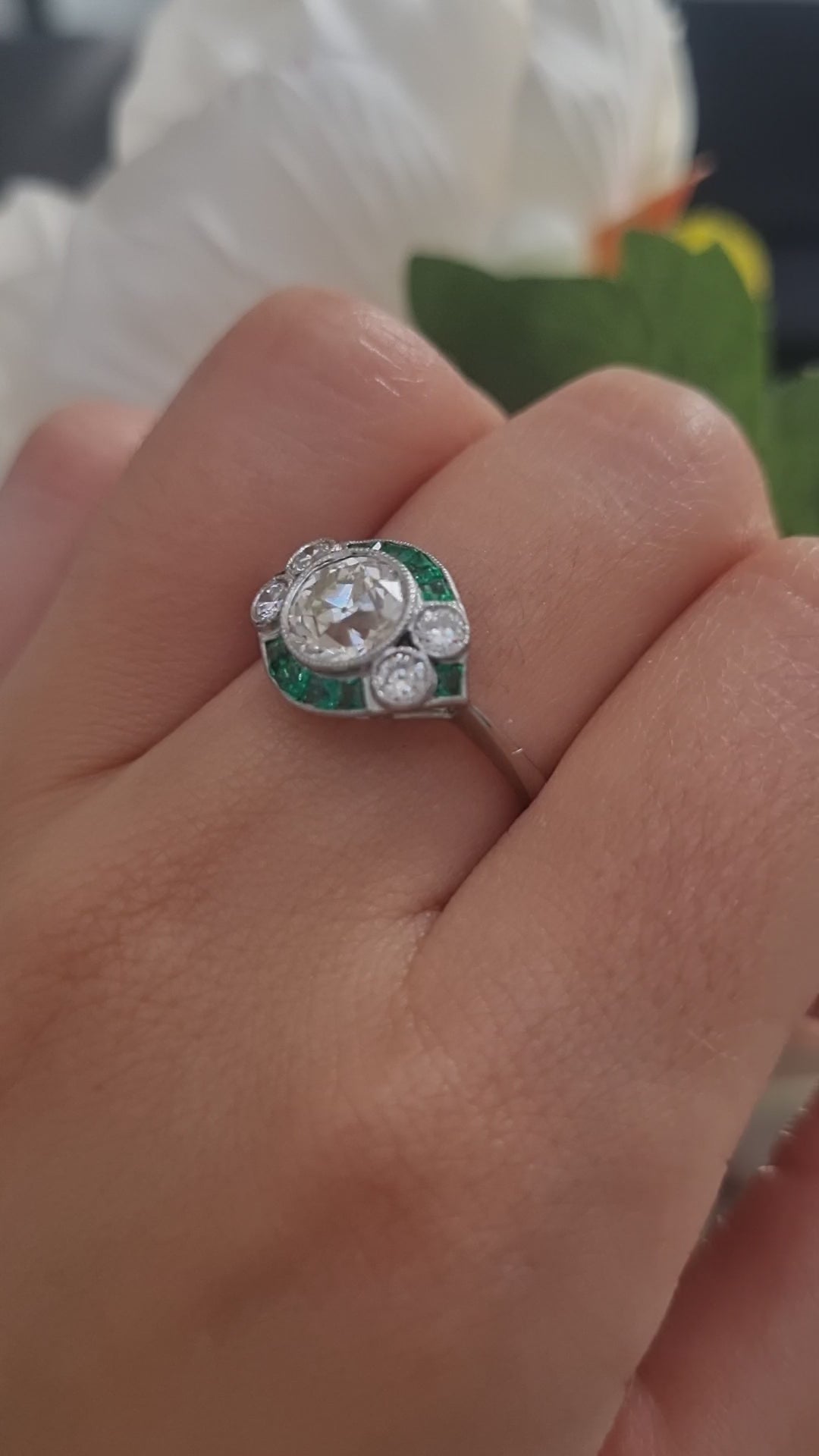Art Deco Inspired 1.21ct Diamond and Emerald Target Cluster Ring in Platinum
