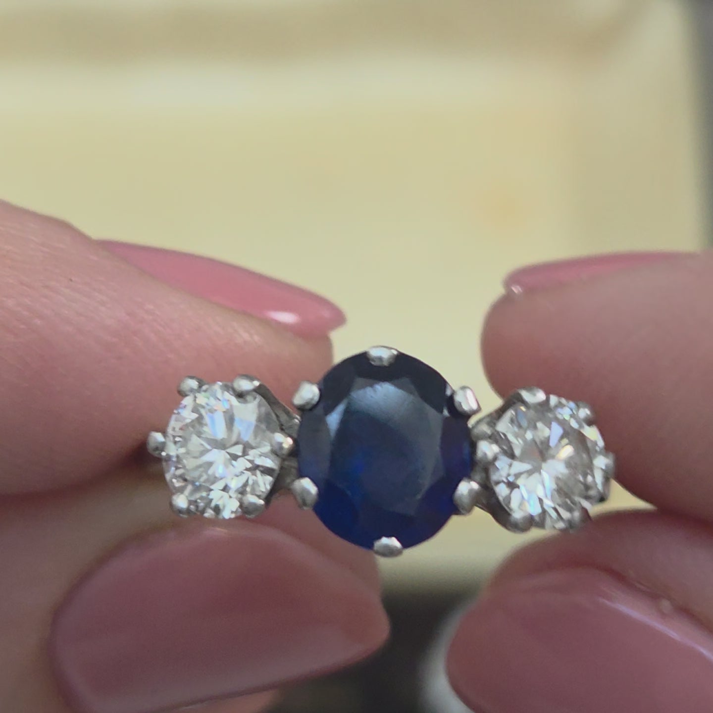 Vintage 1.72ct Oval Sapphire and Diamond Three Stone Engagement Ring