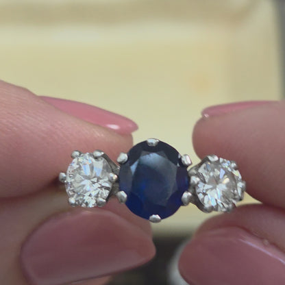 Vintage 1.72ct Oval Sapphire and Diamond Three Stone Engagement Ring