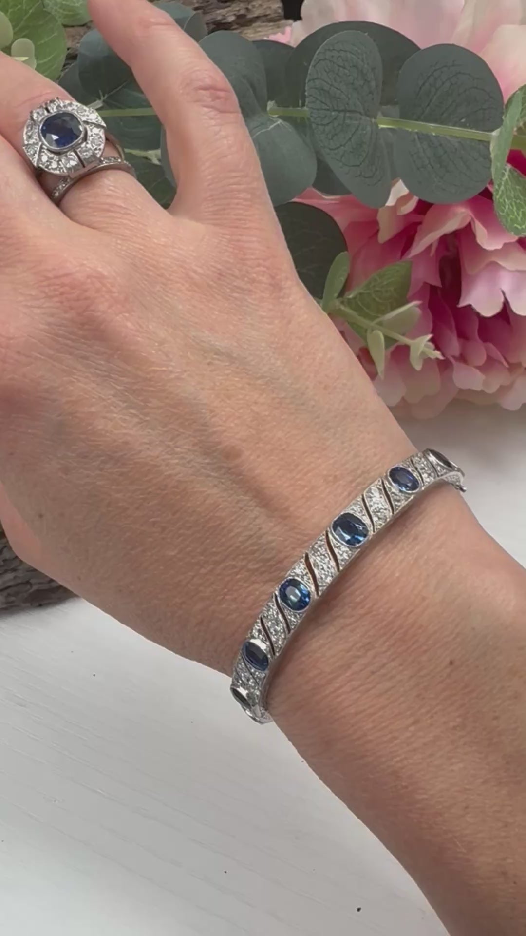 Antique Vintage Art Deco Cushion Sapphire and Diamond Bangle Bracelet