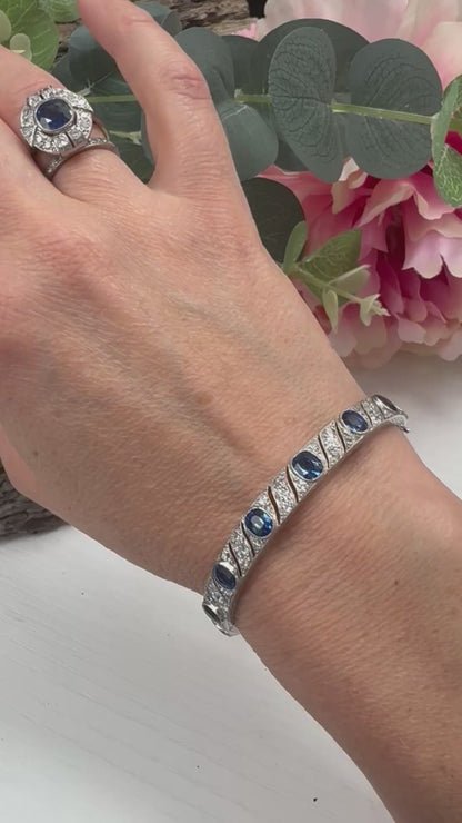 Antique Vintage Art Deco Cushion Sapphire and Diamond Bangle Bracelet