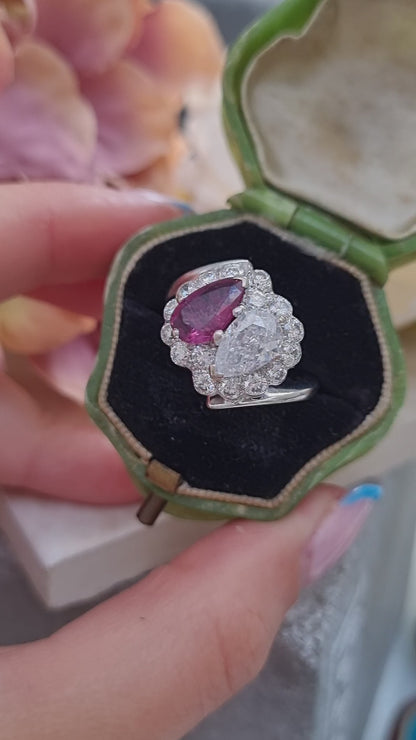 Antique Pear Shape Old Cut Ruby and Diamond Two Stone Toi et Moi Cluster Ring