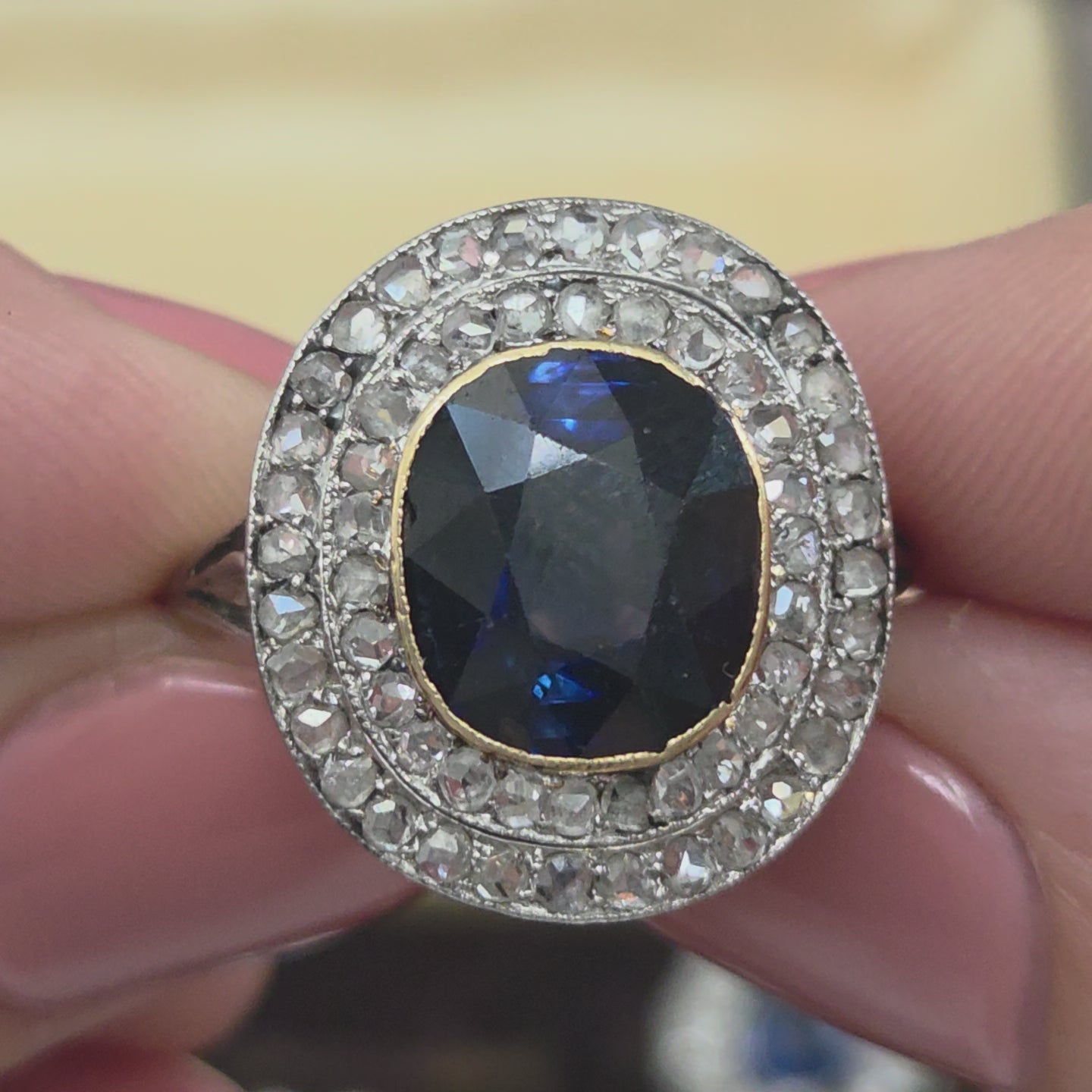 Antique French Sapphire and Diamond Double Cluster Ring