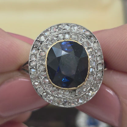 Antique French Sapphire and Diamond Double Cluster Ring