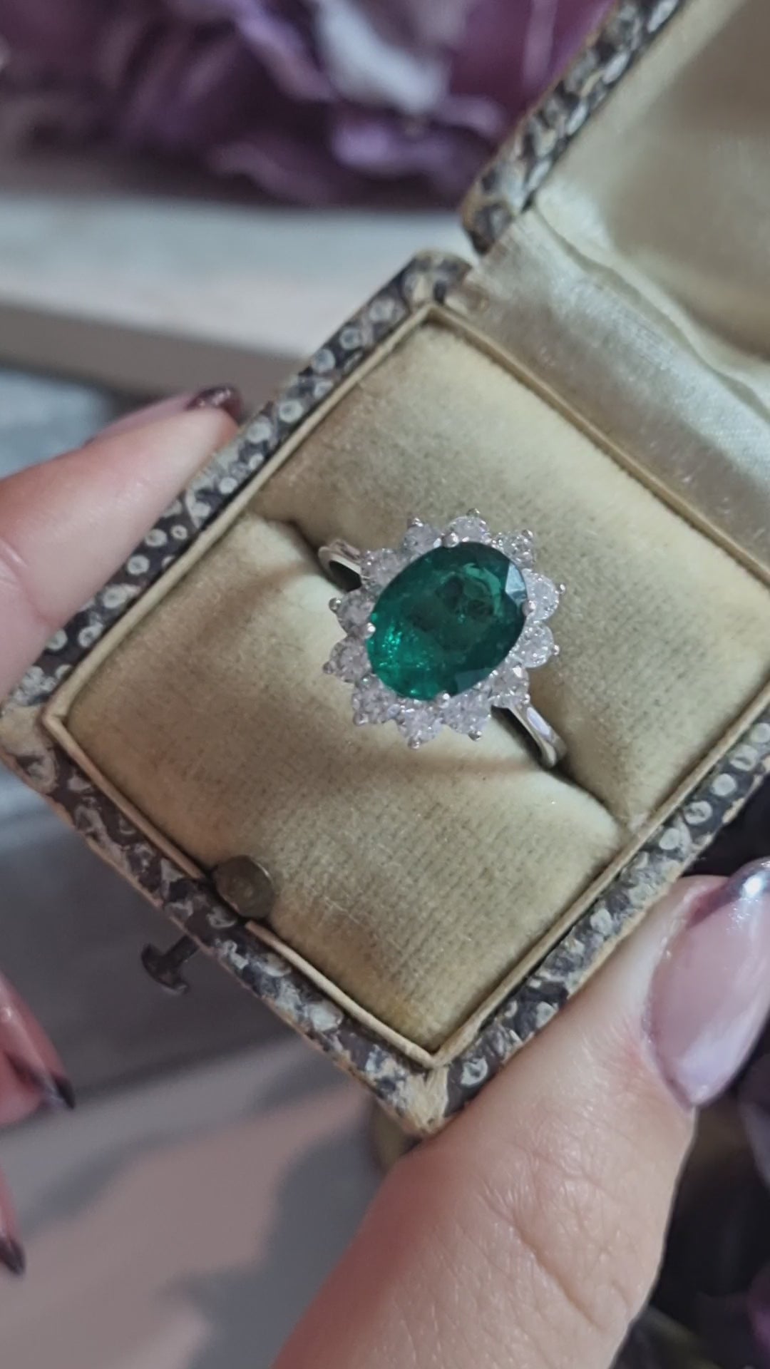 2.16ct Oval Emerald and Diamond Cluster Ring