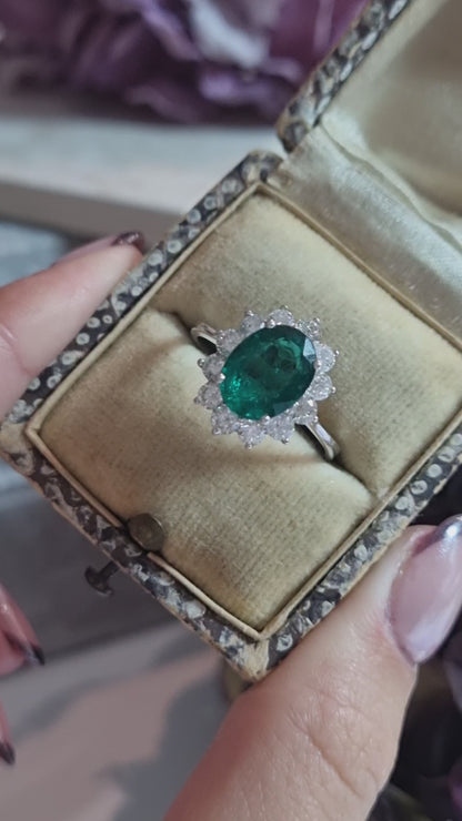2.16ct Oval Emerald and Diamond Cluster Ring