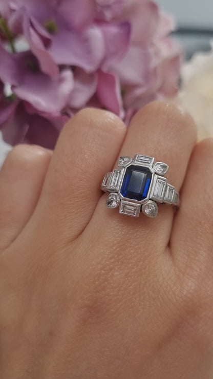 Art Deco Sapphire and Baguette Diamond Cluster Engagement Ring