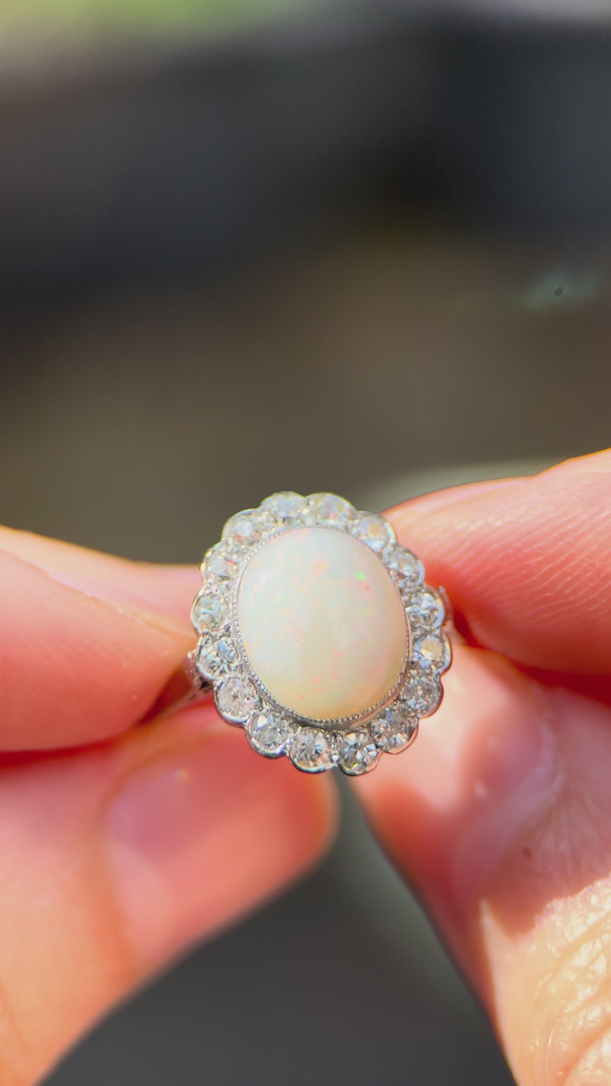 Vintage 2.50 Carat Opal And Old Cut Diamond Engagement Ring In Platinum