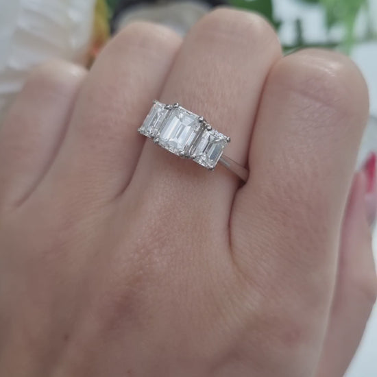 Emerald Cut Three Stone Diamond Engagement Ring in Platinum, 2.34 carats