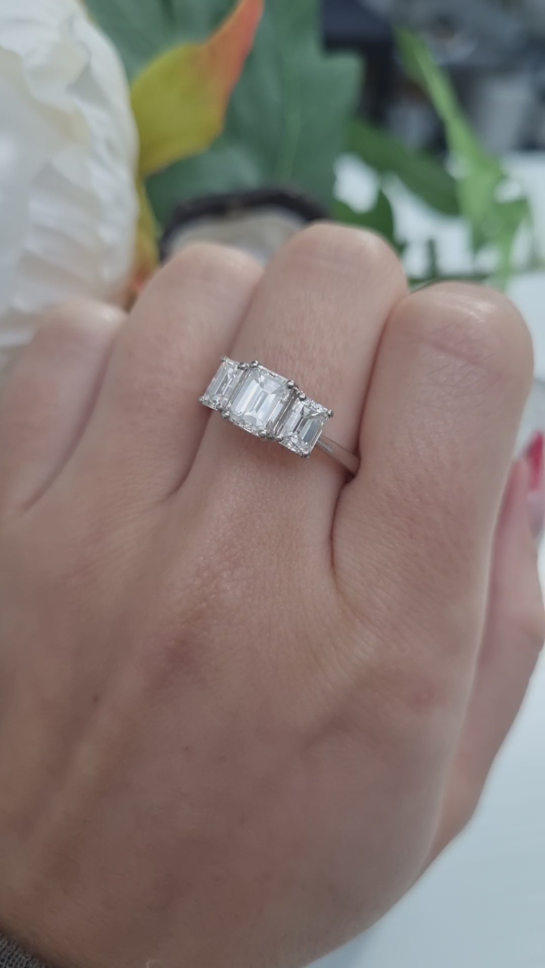 Emerald Cut Three Stone Diamond Engagement Ring in Platinum, 2.34 carats