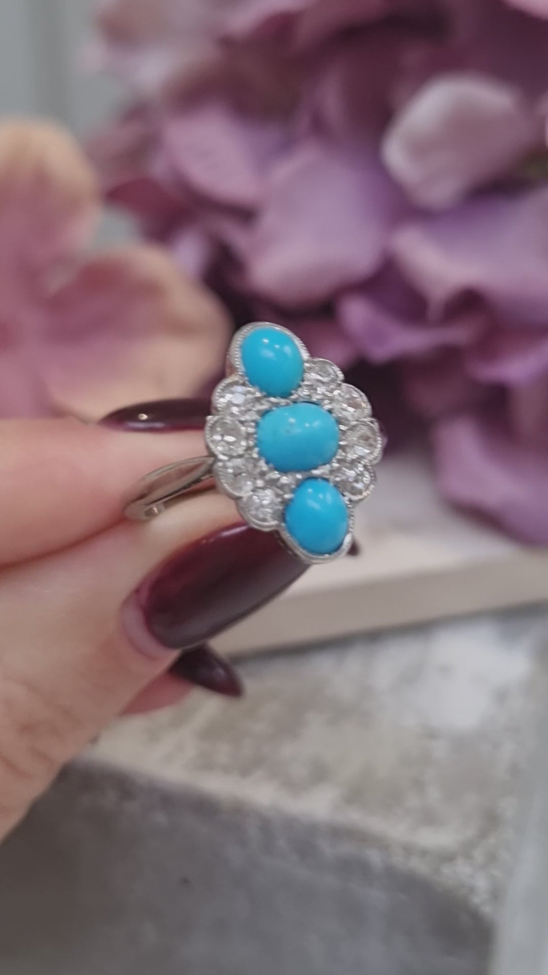 Art Deco Persian Turquoise and Old Cut Diamond Three Stone Plaque Ring