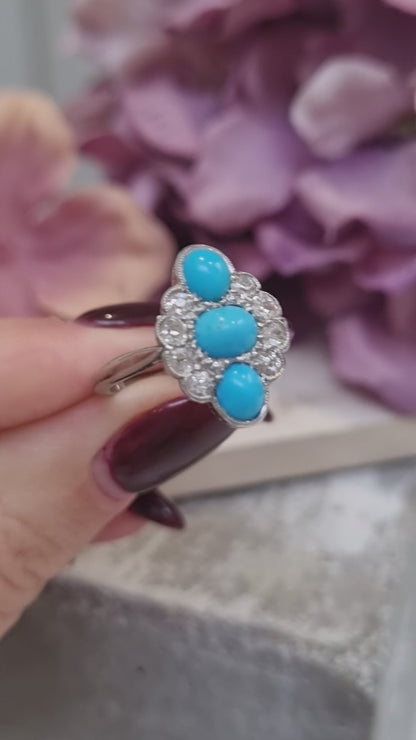 Art Deco Persian Turquoise and Old Cut Diamond Three Stone Plaque Ring