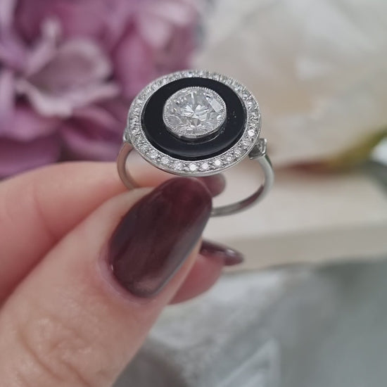 Art Deco 1ct Old Cut Diamond and Onyx Target Cluster Ring