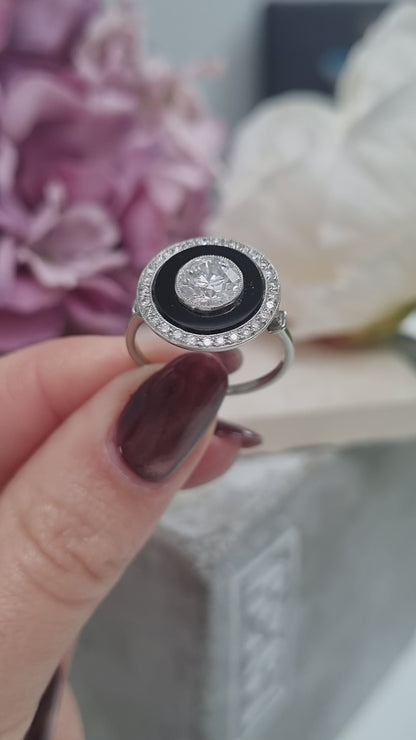 Art Deco 1ct Old Cut Diamond and Onyx Target Cluster Ring