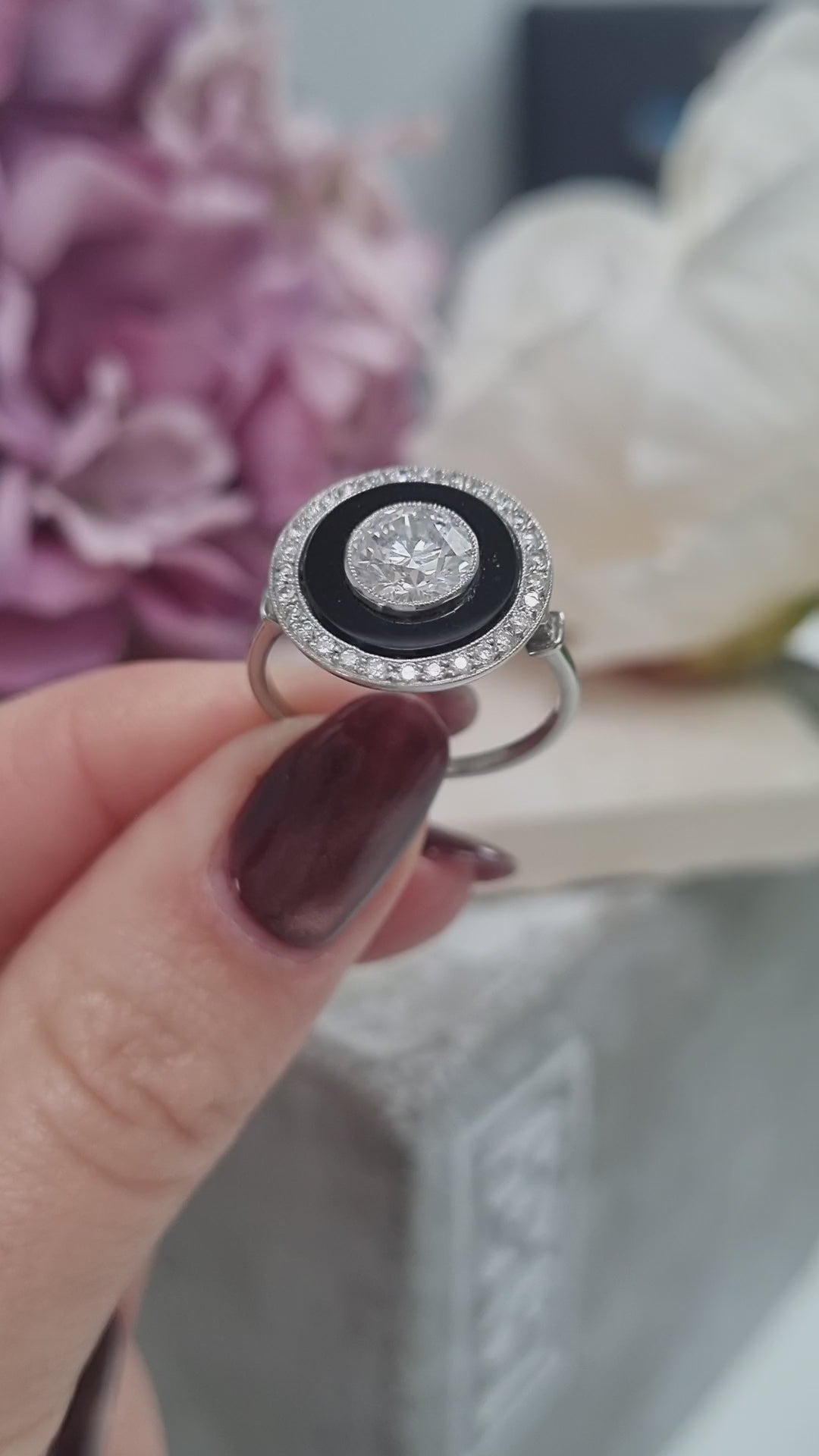 Art Deco 1ct Old Cut Diamond and Onyx Target Cluster Ring
