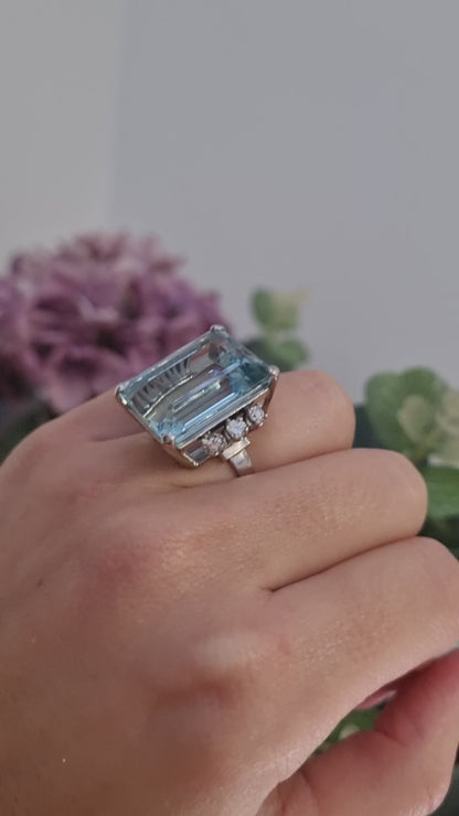 Vintage 20cts Aquamarine and Diamond Cocktail Ring, Circa 1950s