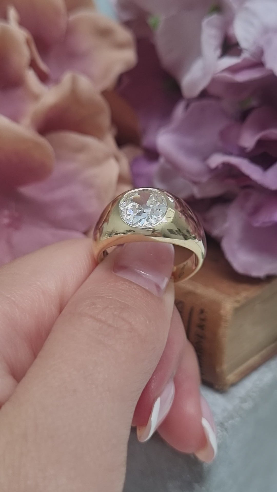 Victorian Antique Single Stone 2.16ct Old Mine Cut Diamond Solitaire Gypsy Ring in Contemporary Mount