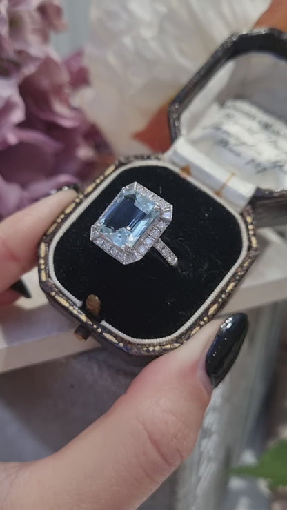 3.70ct Emerald Cut Aquamarine and Diamond Cluster Ring