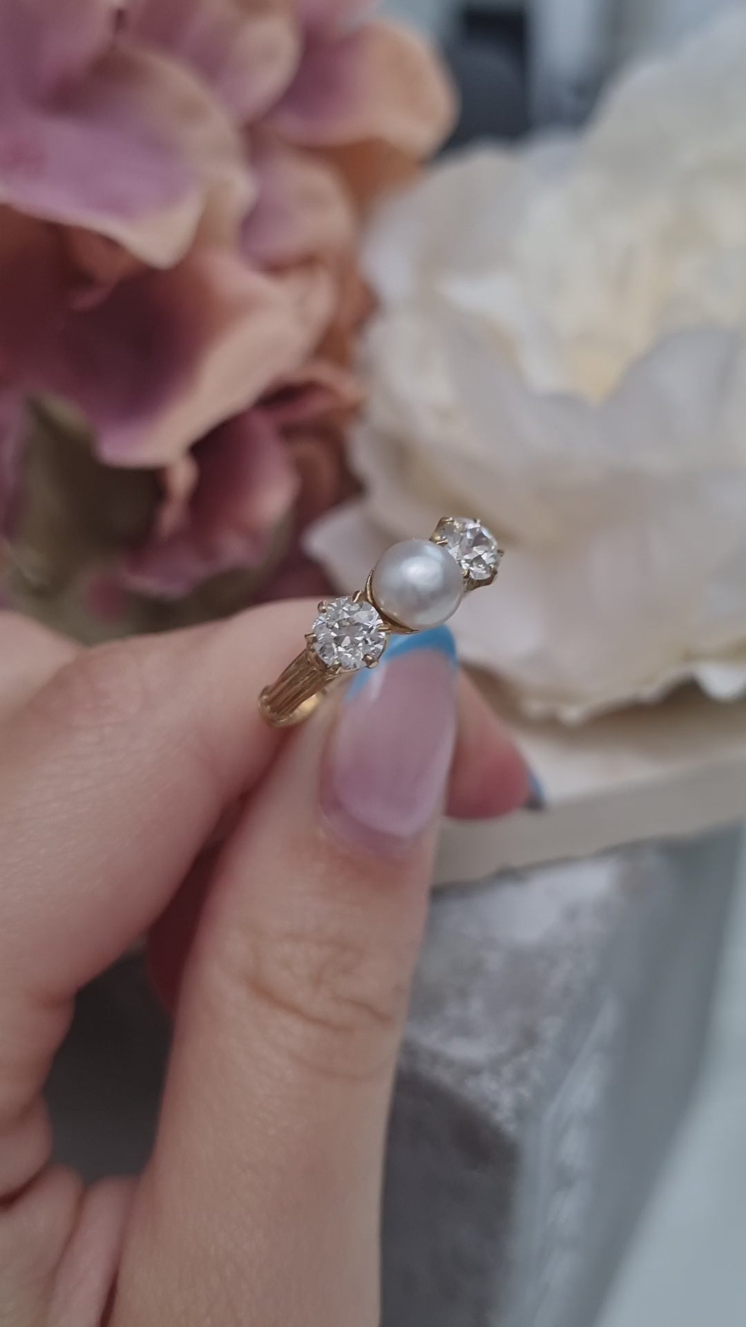 Victorian Antique Natural Pearl and Old Cut Diamond Three Stone Engagement Ring