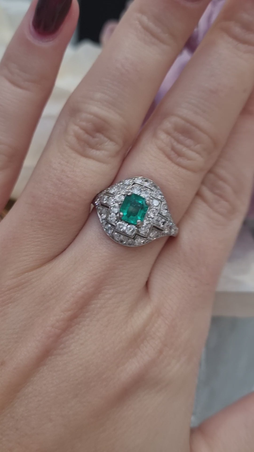 Art Deco Emerald and Diamond Cluster Dress Ring in Platinum