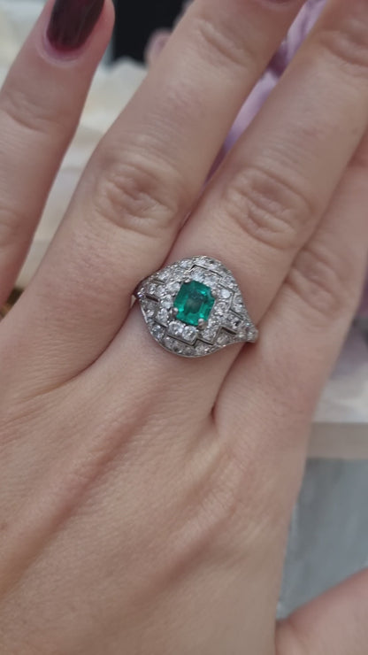 Art Deco Emerald and Diamond Cluster Dress Ring in Platinum