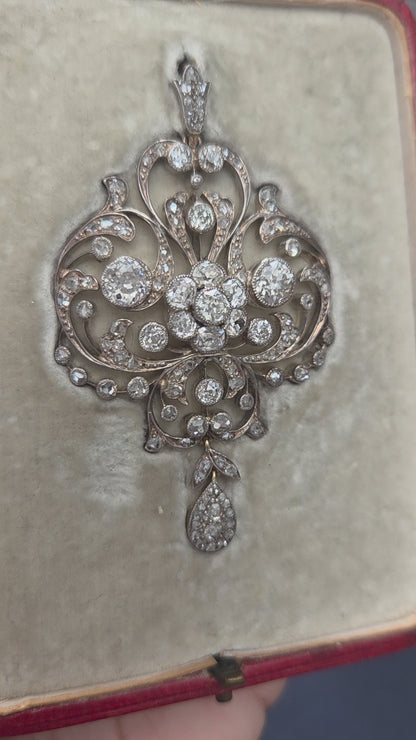 Victorian Antique Old Cut Diamond Scroll Drop Pendant
