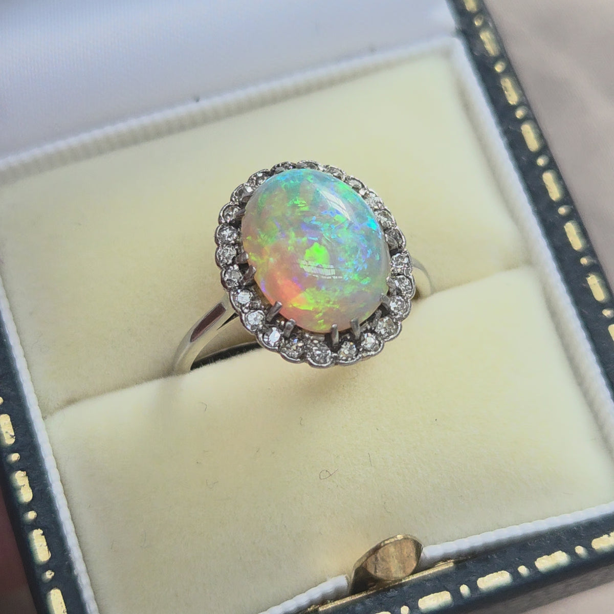 Edwardian Antique Opal and Diamond Cluster Ring