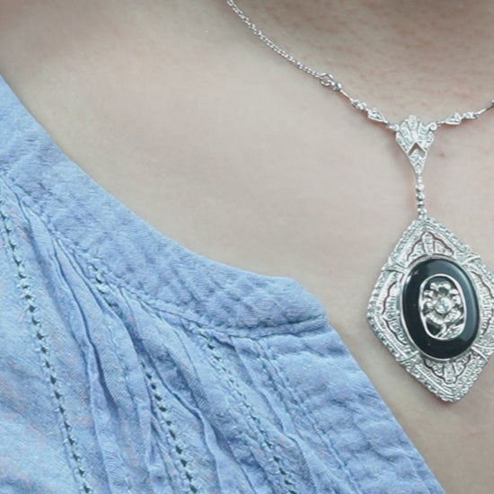Onyx and Diamond Cluster Pendant Necklace in 14ct White Gold