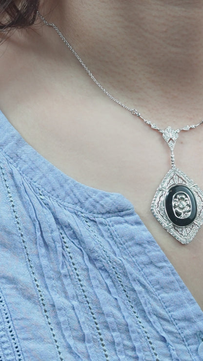 Onyx and Diamond Cluster Pendant Necklace in 14ct White Gold