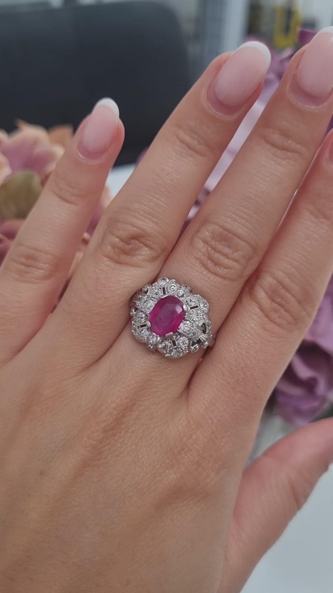 Art Deco 1.65ct Burma Ruby Cluster Dress Ring