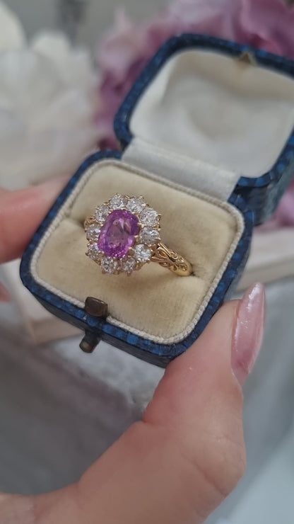 Victorian Antique Vivid Pink Sapphire and Old Cut Diamond Cluster Engagement Ring