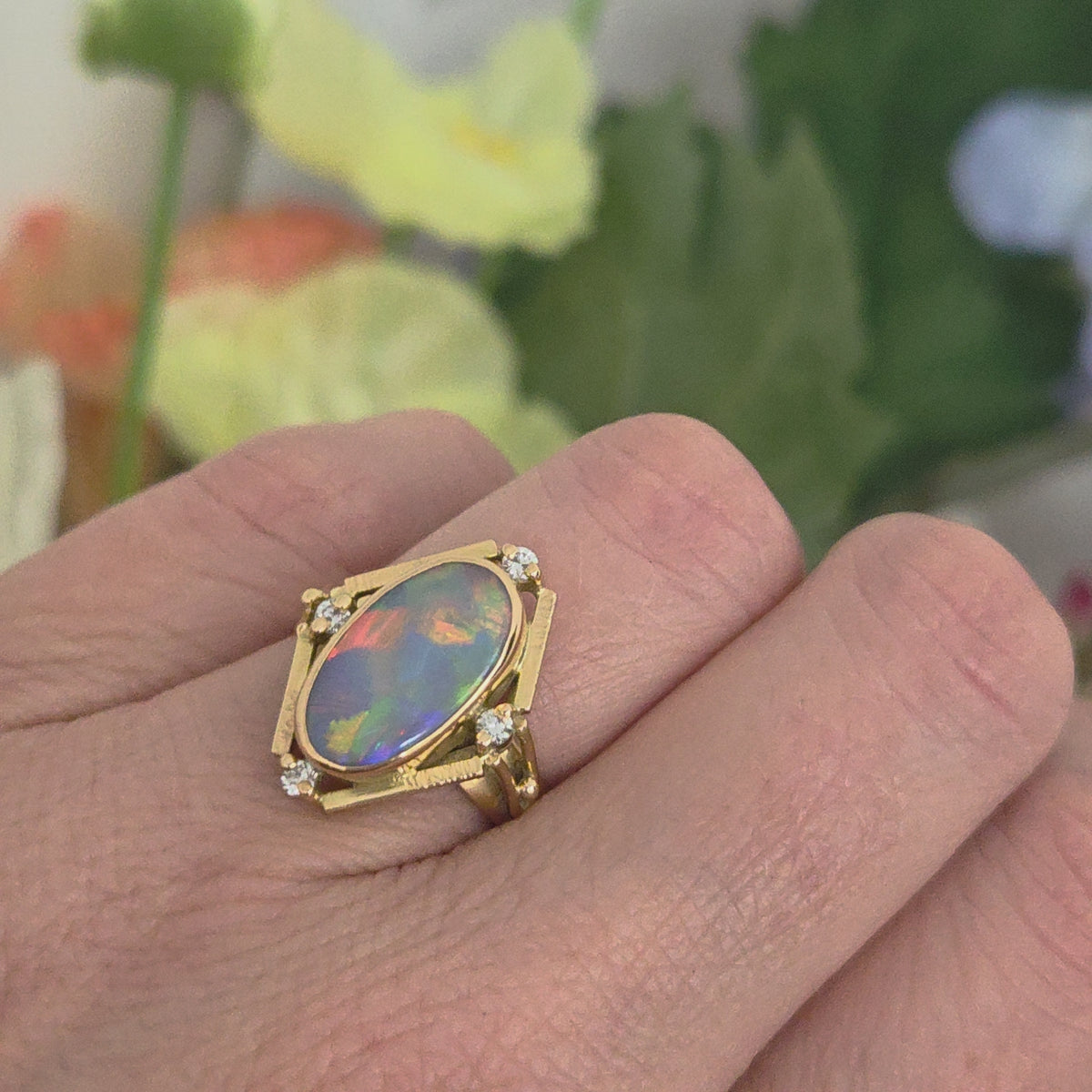 Vintage 18 Carat Gold Geometric Black Opal and Diamond Statement Ring